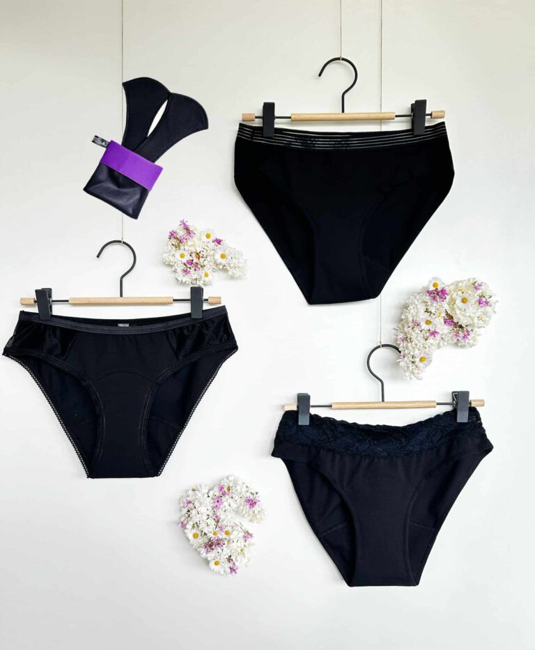 Pack de culottes menstruelles incluant une edelso une so-simple dentelle ainsi qu’une slip-slap évolution essentielle